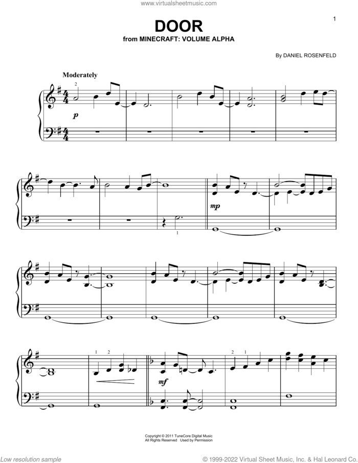 Door (from Minecraft), (easy) sheet music for piano solo by C418 and Daniel Rosenfeld, easy skill level