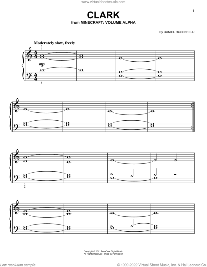 Clark (from Minecraft), (easy) sheet music for piano solo by C418 and Daniel Rosenfeld, easy skill level