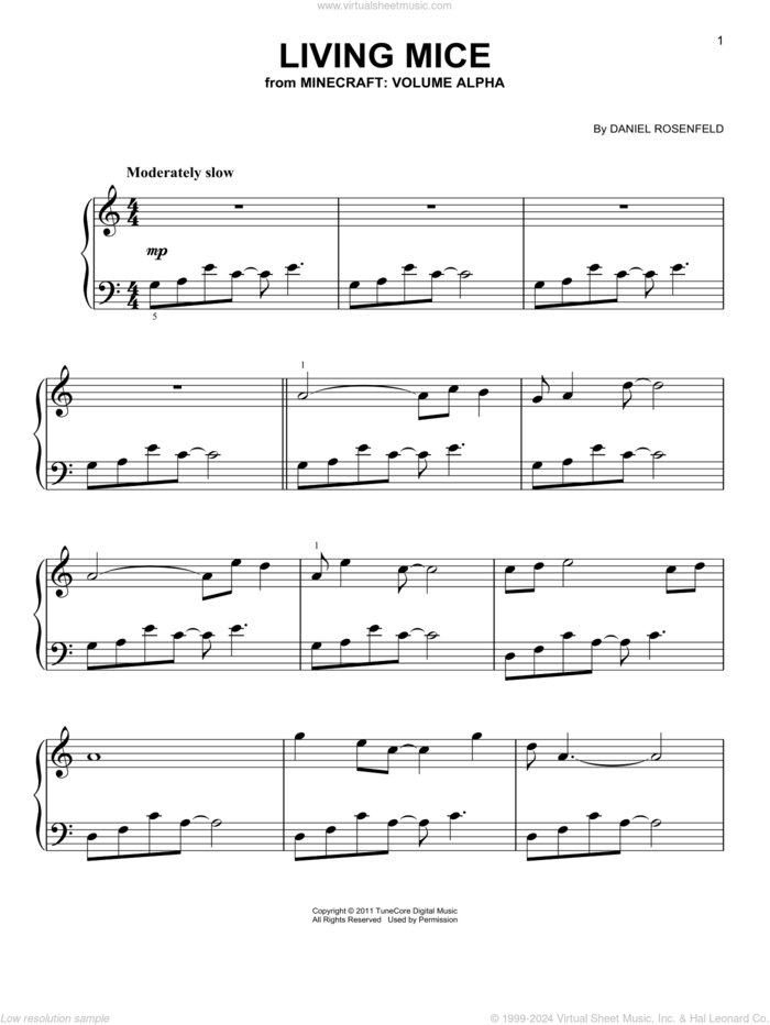 Living Mice (from Minecraft), (easy) sheet music for piano solo by C418 and Daniel Rosenfeld, easy skill level