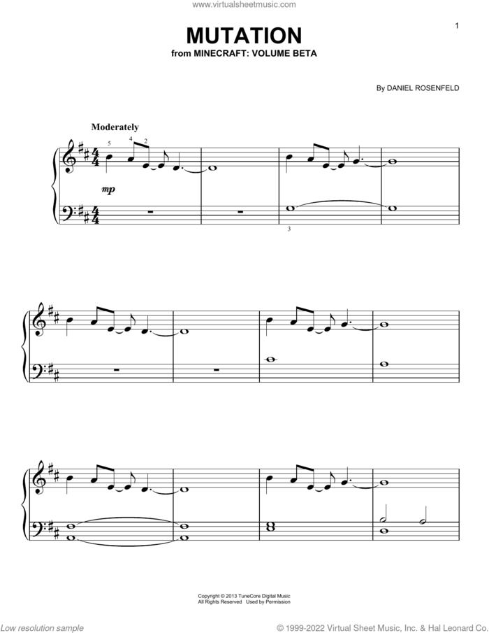 Mutation (from Minecraft), (easy) sheet music for piano solo by C418 and Daniel Rosenfeld, easy skill level