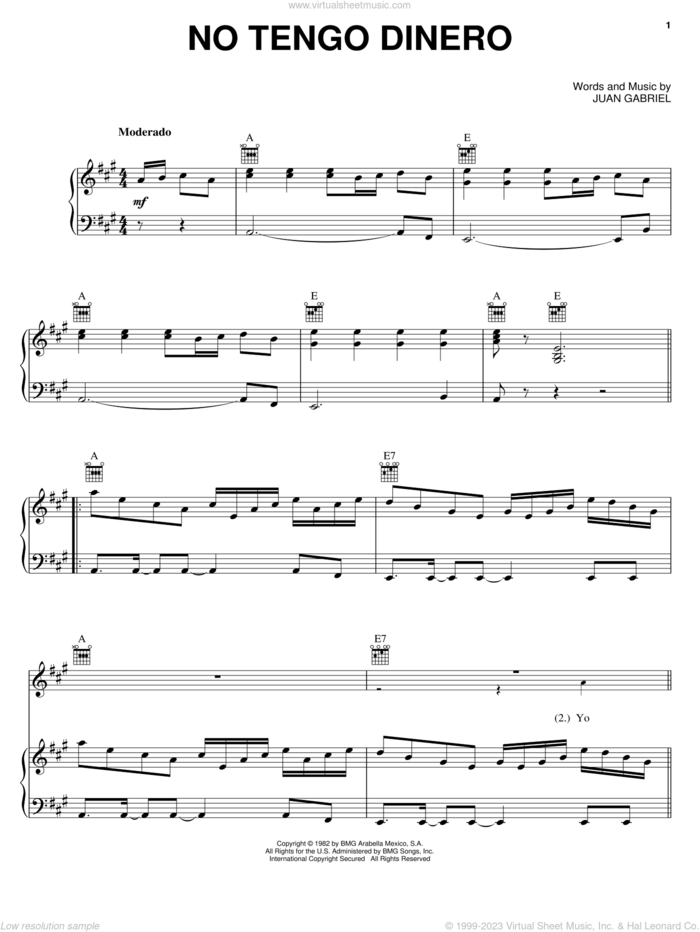 No Tengo Dinero sheet music for voice, piano or guitar by Juan Gabriel, intermediate skill level