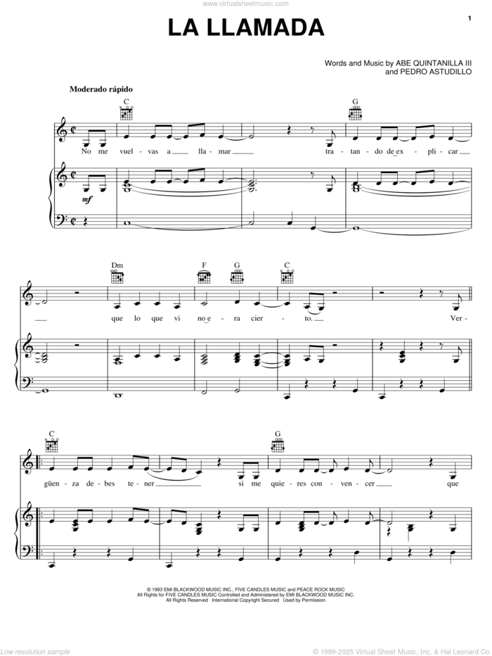 La Llamada sheet music for voice, piano or guitar by Abe Quintanilla III and Pete Astudillo, intermediate skill level