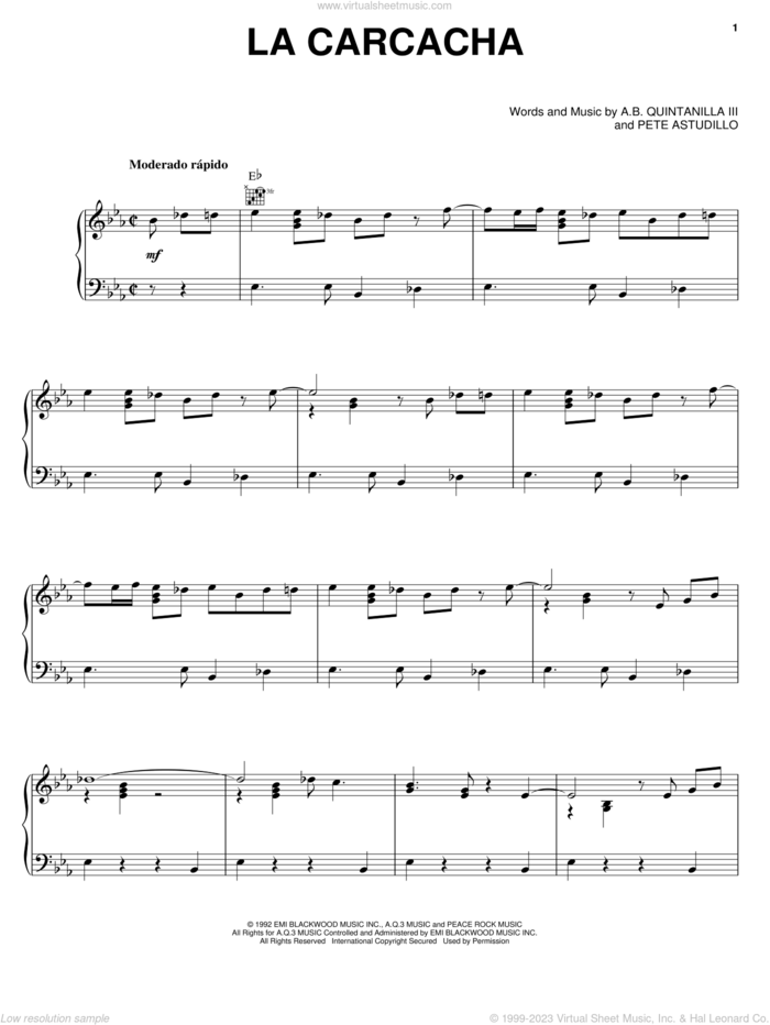 La Carcacha sheet music for voice, piano or guitar by Abe Quintanilla III and Pete Astudillo, intermediate skill level
