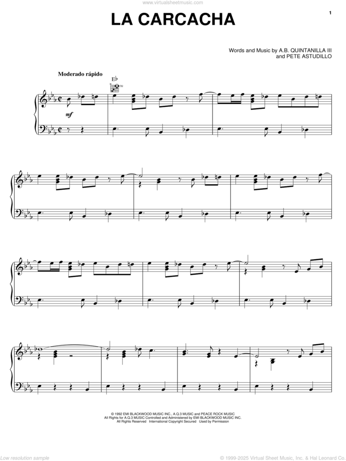 La Carcacha sheet music for voice, piano or guitar by Abe Quintanilla III and Pete Astudillo, intermediate skill level