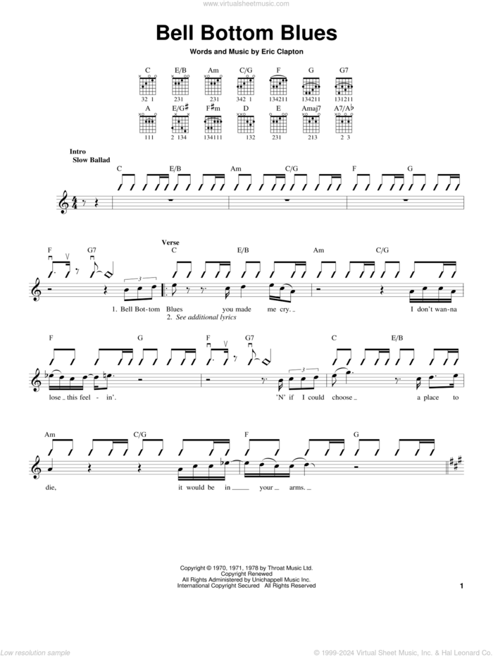 Bell Bottom Blues sheet music for guitar solo (chords) by Derek And The Dominos and Eric Clapton, easy guitar (chords)