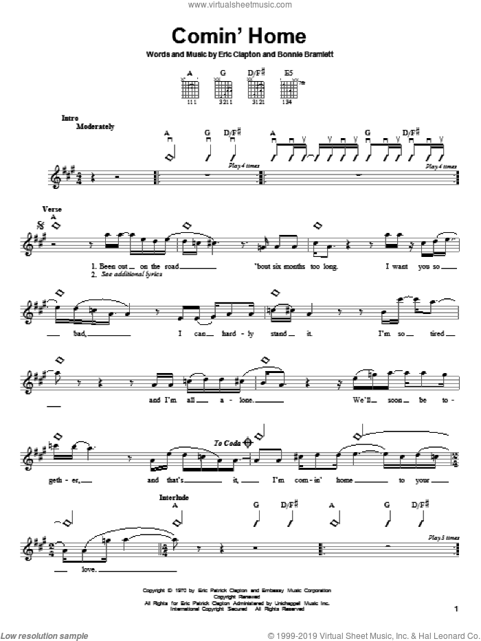 Comin' Home sheet music for guitar solo (chords) by Eric Clapton and Bonnie Bramlett, easy guitar (chords)