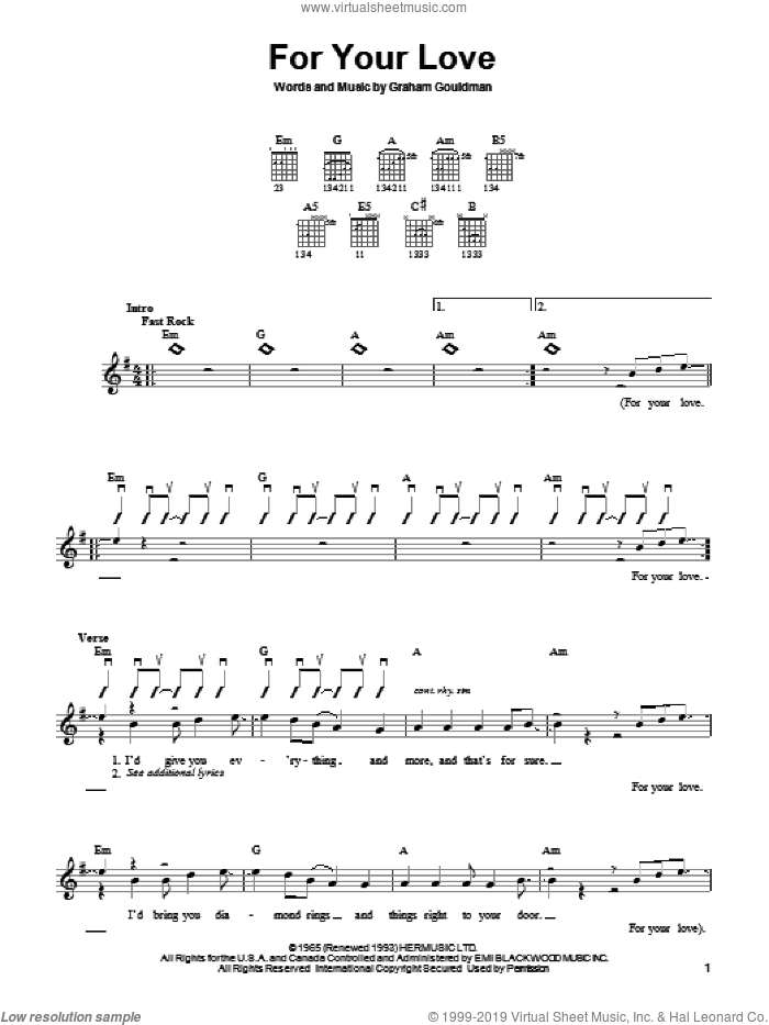 For Your Love sheet music for guitar solo (chords) by The Yardbirds, Eric Clapton and Graham Gouldman, easy guitar (chords)