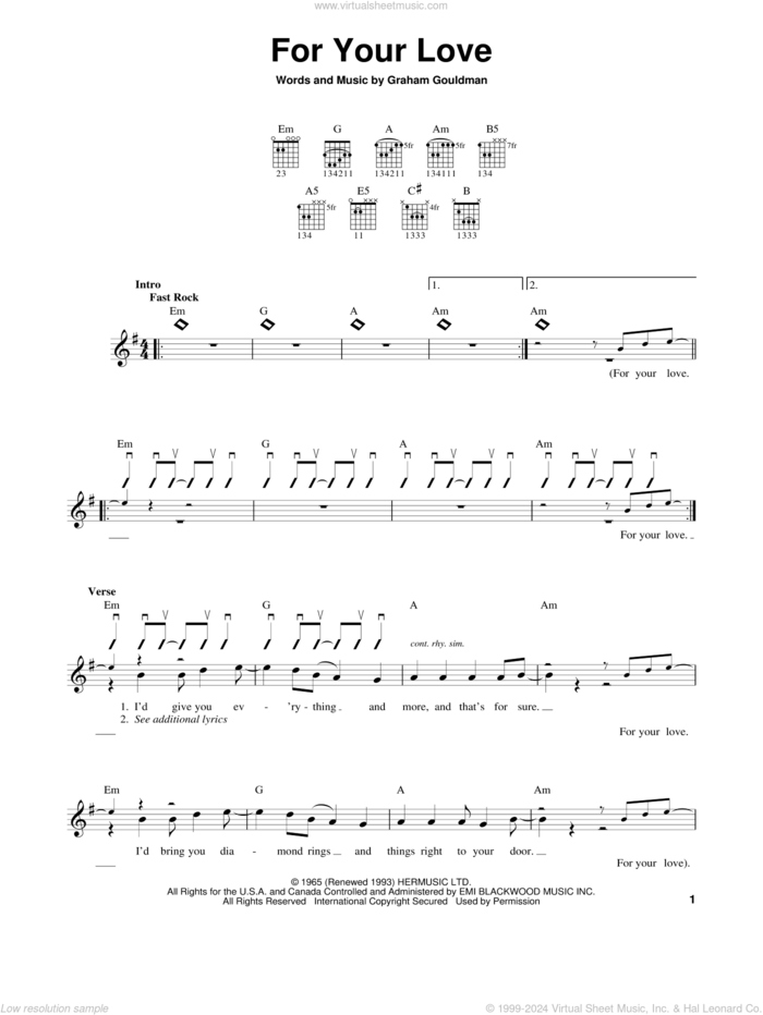 For Your Love sheet music for guitar solo (chords) by The Yardbirds, Eric Clapton and Graham Gouldman, easy guitar (chords)