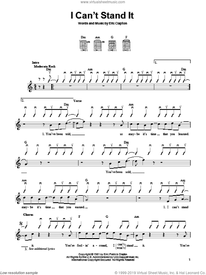I Can't Stand It sheet music for guitar solo (chords) by Eric Clapton, easy guitar (chords)