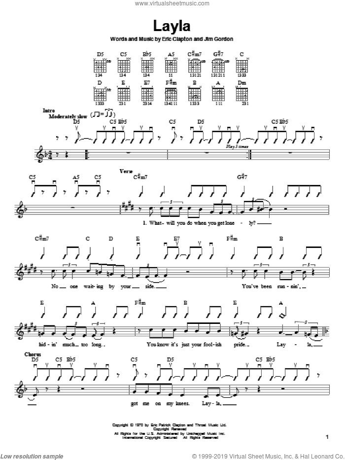 Layla sheet music for guitar solo (chords) by Eric Clapton, Derek And The Dominos and Jim Gordon, easy guitar (chords)