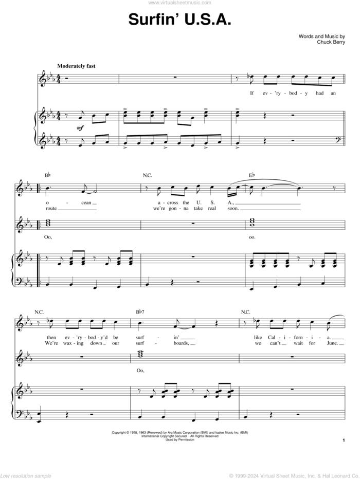 Surfin' U.S.A. sheet music for voice and piano by The Beach Boys, Brian Wilson and Chuck Berry, intermediate skill level