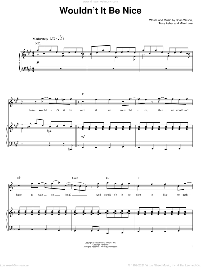 Wouldn't It Be Nice sheet music for voice and piano by The Beach Boys, Brian Wilson, Mike Love and Tony Asher, intermediate skill level