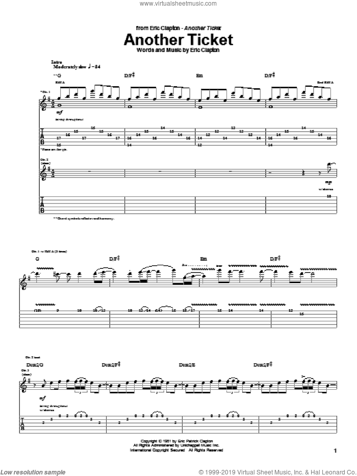 Another Ticket sheet music for guitar (tablature) by Eric Clapton, intermediate skill level