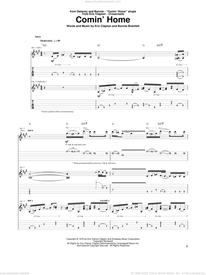 Comin' Home sheet music for guitar (tablature) by Eric Clapton and Bonnie Bramlett, intermediate skill level