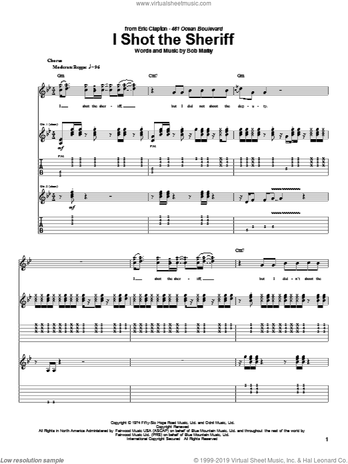 I Shot The Sheriff sheet music for guitar (tablature) by Eric Clapton, Warren G and Bob Marley, intermediate skill level
