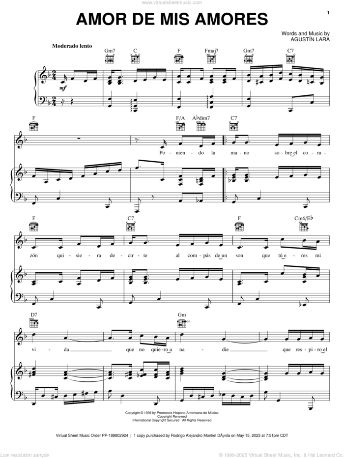 Amor De Mis Amores sheet music for voice, piano or guitar by Agustin Lara, intermediate skill level