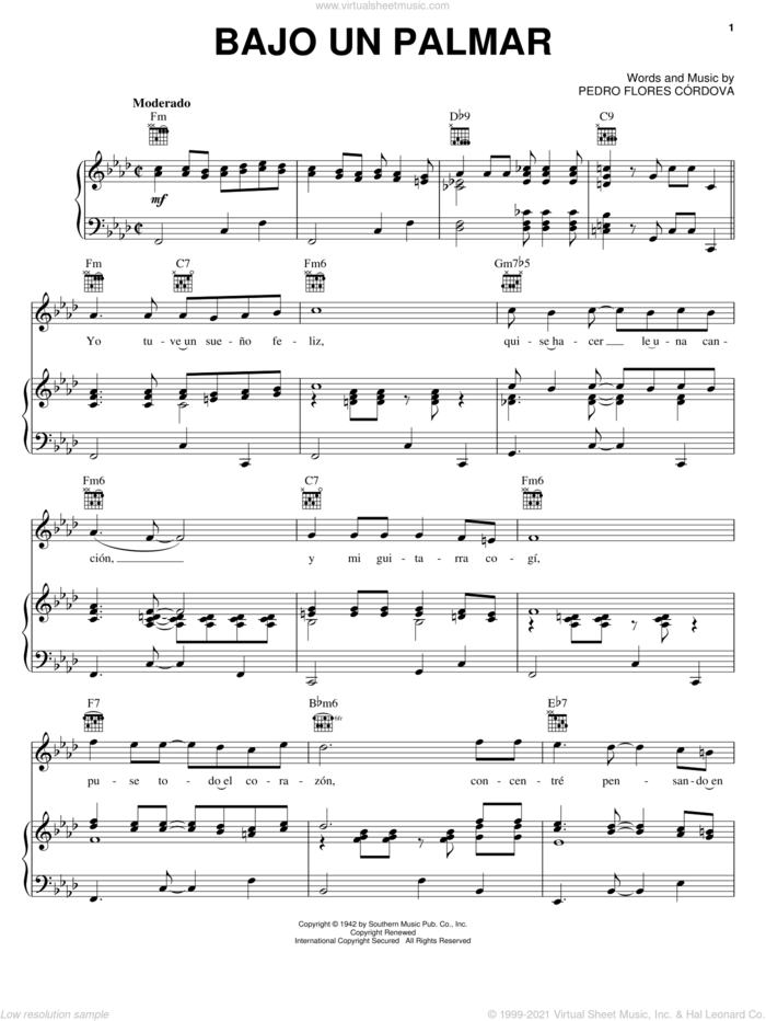 Bajo Un Palmar sheet music for voice, piano or guitar by Pedro Flores Cordova, intermediate skill level