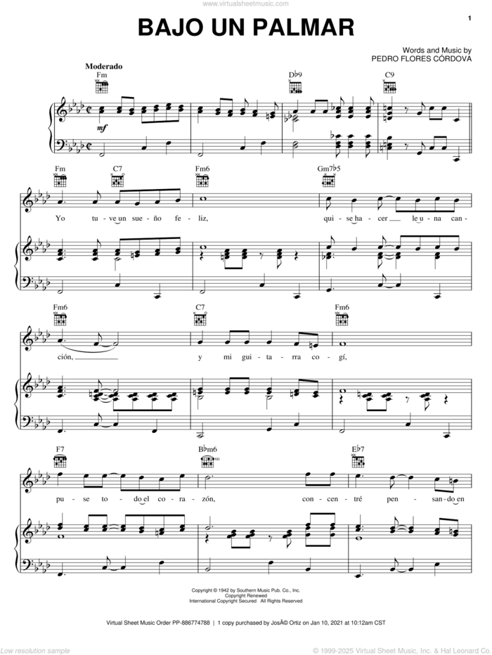 Bajo Un Palmar sheet music for voice, piano or guitar by Pedro Flores Cordova, intermediate skill level