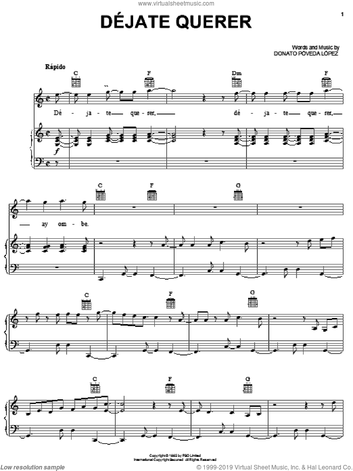 Dejate Querer sheet music for voice, piano or guitar by Donato Poveda Lopez, intermediate skill level