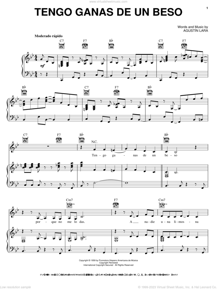 Tengo Ganas De Un Beso sheet music for voice, piano or guitar by Agustin Lara, intermediate skill level