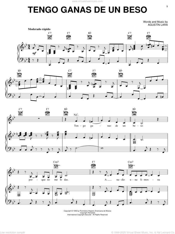 Tengo Ganas De Un Beso sheet music for voice, piano or guitar by Agustin Lara, intermediate skill level