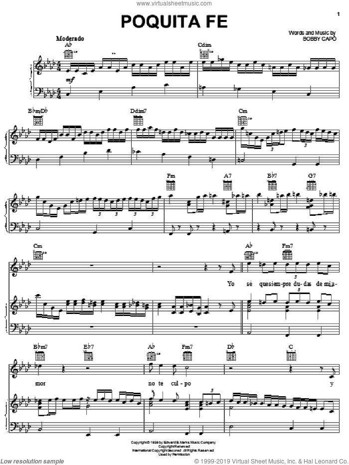 Poquita Fe sheet music for voice, piano or guitar by Bobby Capo, intermediate skill level
