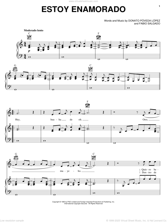 Estoy Enamorado sheet music for voice, piano or guitar by Donato Poveda Lopez and Fabio Salgado, intermediate skill level