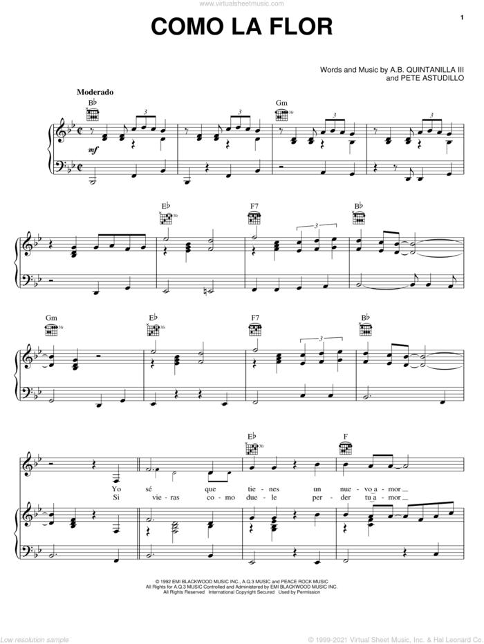 Como La Flor sheet music for voice, piano or guitar by Selena, Abe Quintanilla III and Pete Astudillo, intermediate skill level