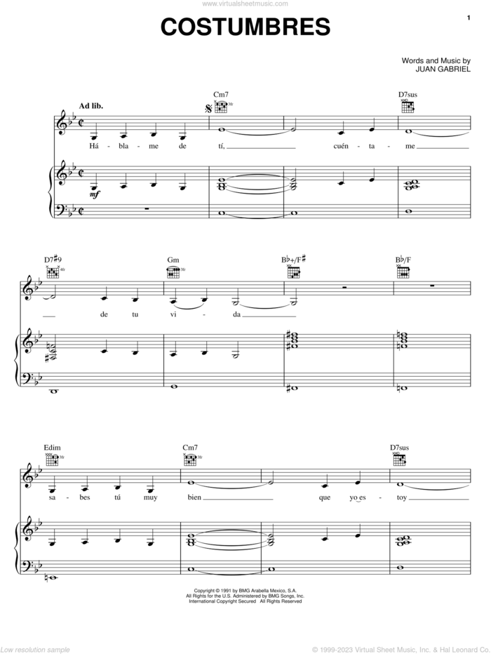 Costumbres sheet music for voice, piano or guitar by Juan Gabriel, intermediate skill level