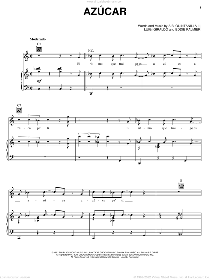 Azucar sheet music for voice, piano or guitar by Abe Quintanilla III, Eddie Palmieri and Luigi Giraldo, intermediate skill level
