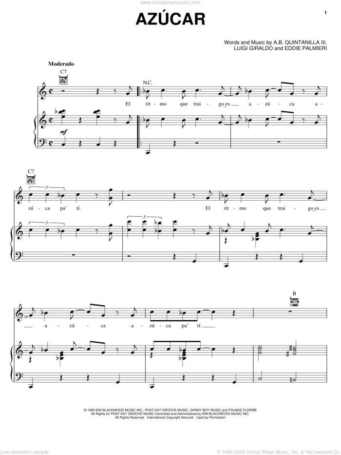 Azucar sheet music for voice, piano or guitar by Abe Quintanilla III, Eddie Palmieri and Luigi Giraldo, intermediate skill level