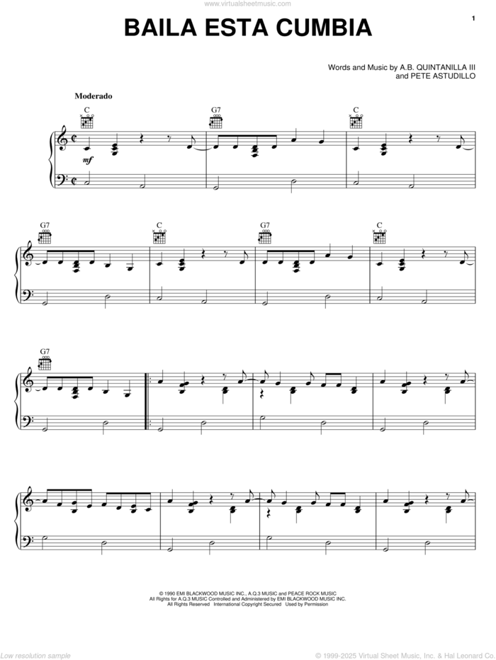 Baila Esta Cumbia sheet music for voice, piano or guitar by Abe Quintanilla III and Pete Astudillo, intermediate skill level