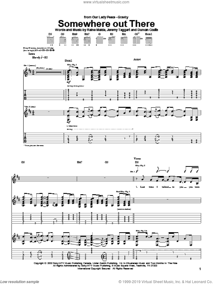 Somewhere Out There sheet music for guitar (tablature) by Our Lady Peace, Duncan Coutts, Jeremy Taggart and Raine Maida, intermediate skill level