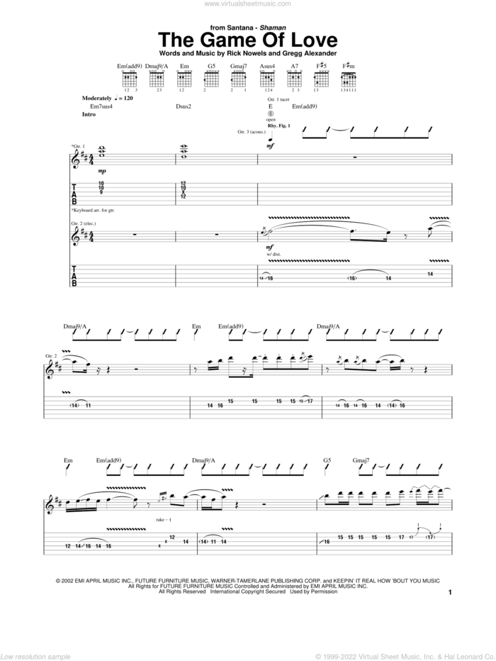 The Game Of Love sheet music for guitar (tablature) by Gregg Alexander, Carlos Santana, Michelle Branch and Rick Nowels, intermediate skill level