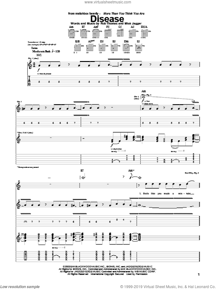 Disease sheet music for guitar (tablature) by Matchbox Twenty, Matchbox 20, Mick Jagger and Rob Thomas, intermediate skill level