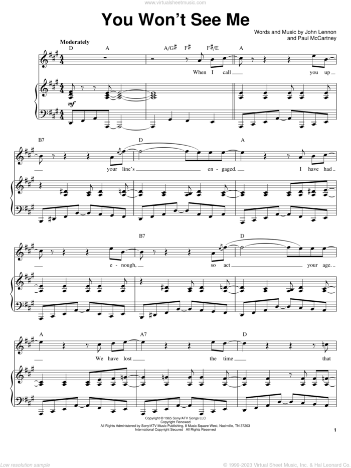 You Won't See Me sheet music for voice and piano by The Beatles, John Lennon and Paul McCartney, intermediate skill level