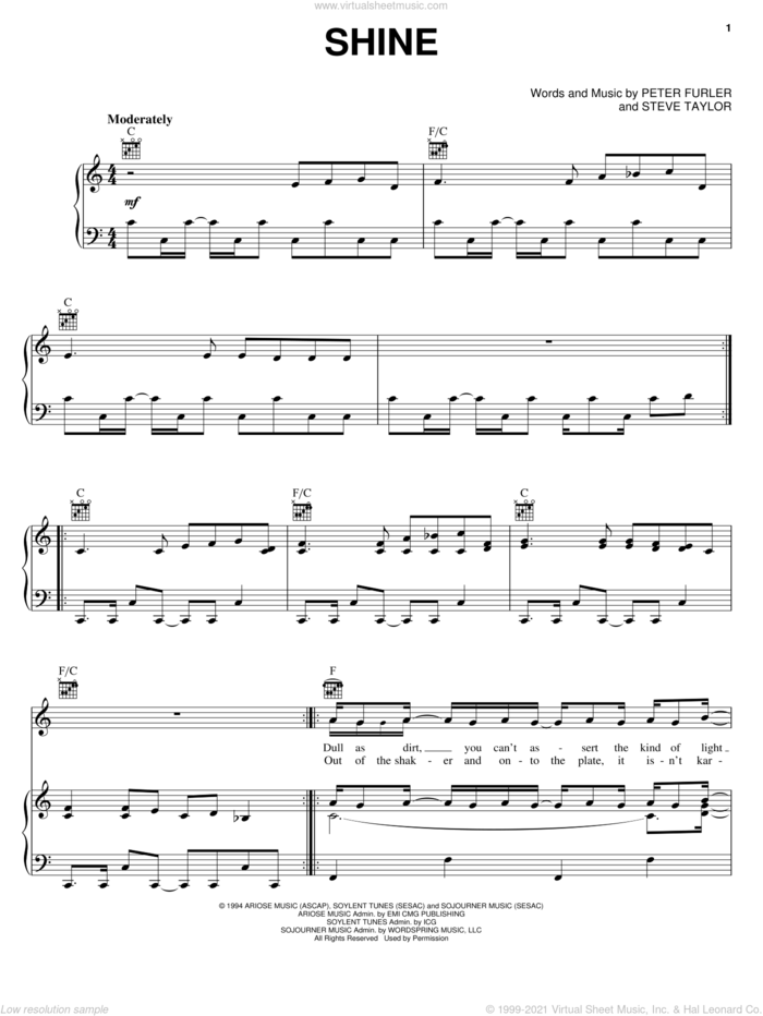 Shine sheet music for voice, piano or guitar by Newsboys, Peter Furler and Steve Taylor, intermediate skill level