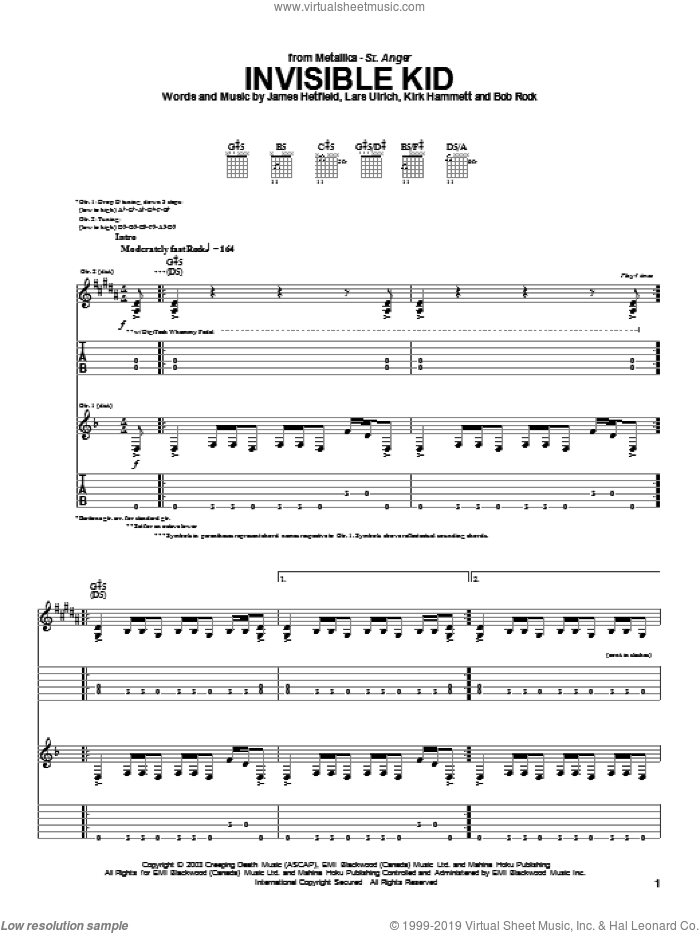 Invisible Kid sheet music for guitar (tablature) by Metallica, James Hetfield, Kirk Hammett and Lars Ulrich, intermediate skill level