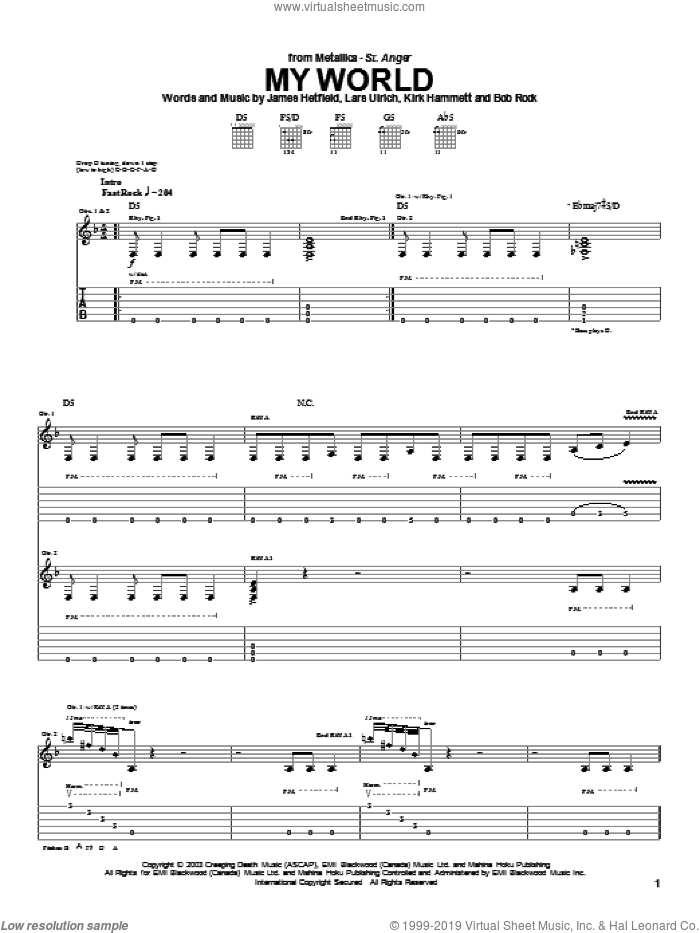 My World sheet music for guitar (tablature) by Metallica, James Hetfield, Kirk Hammett and Lars Ulrich, intermediate skill level