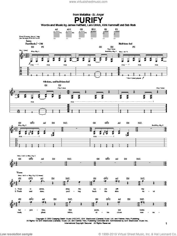 Purify sheet music for guitar (tablature) by Metallica, James Hetfield, Kirk Hammett and Lars Ulrich, intermediate skill level