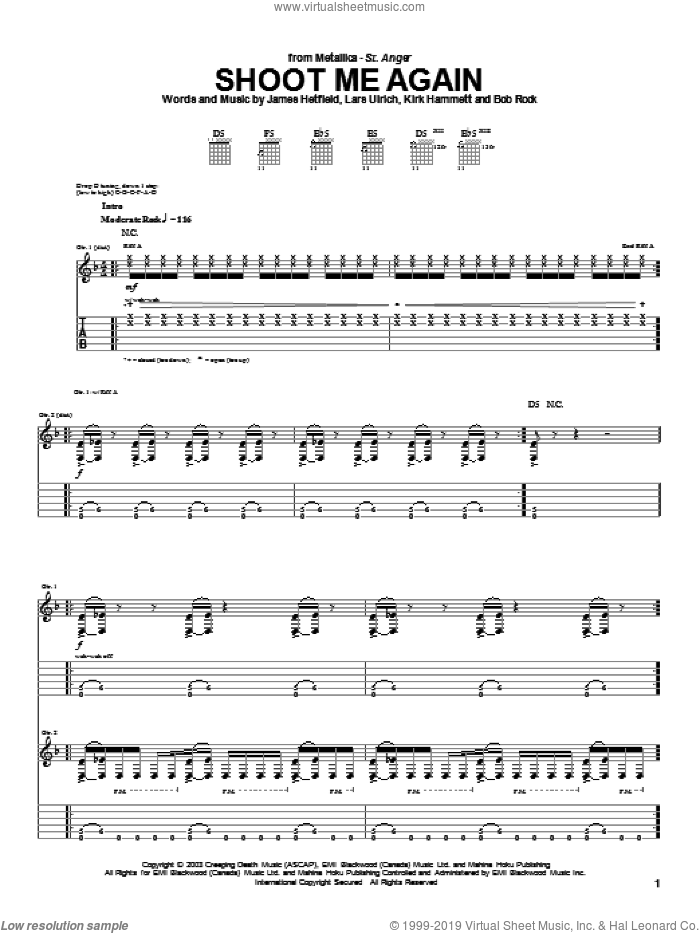 Shoot Me Again sheet music for guitar (tablature) by Metallica, James Hetfield, Kirk Hammett and Lars Ulrich, intermediate skill level