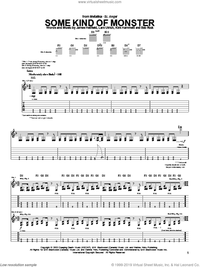 Some Kind Of Monster sheet music for guitar (tablature) by Metallica, James Hetfield, Kirk Hammett and Lars Ulrich, intermediate skill level