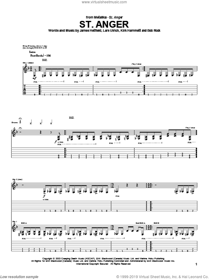 St. Anger sheet music for guitar (tablature) by Metallica, James Hetfield, Kirk Hammett and Lars Ulrich, intermediate skill level