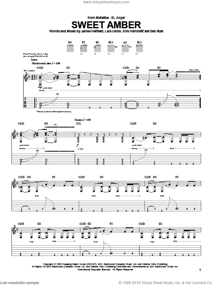 Sweet Amber sheet music for guitar (tablature) by Metallica, James Hetfield, Kirk Hammett and Lars Ulrich, intermediate skill level