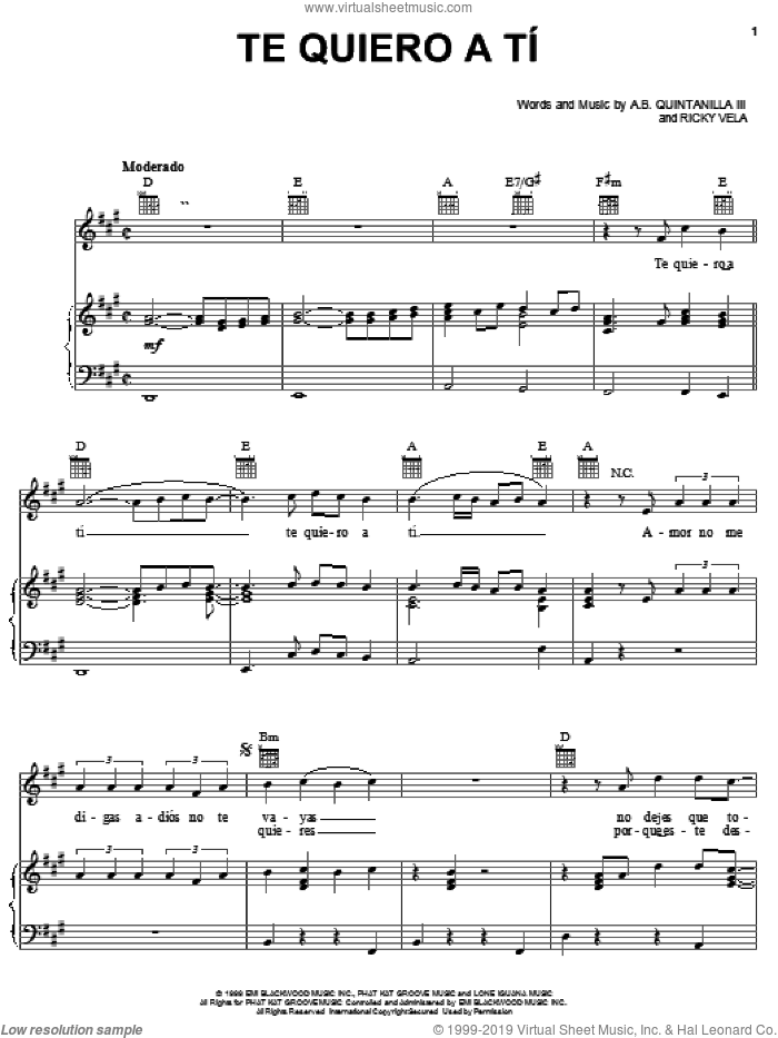 Te Quiero A Ti sheet music for voice, piano or guitar by Abe Quintanilla III and Ricky Vela, intermediate skill level