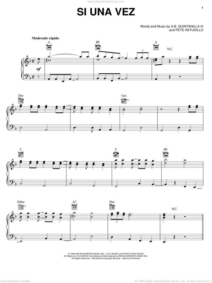 Si Una Vez sheet music for voice, piano or guitar by Abe Quintanilla III and Pete Astudillo, intermediate skill level