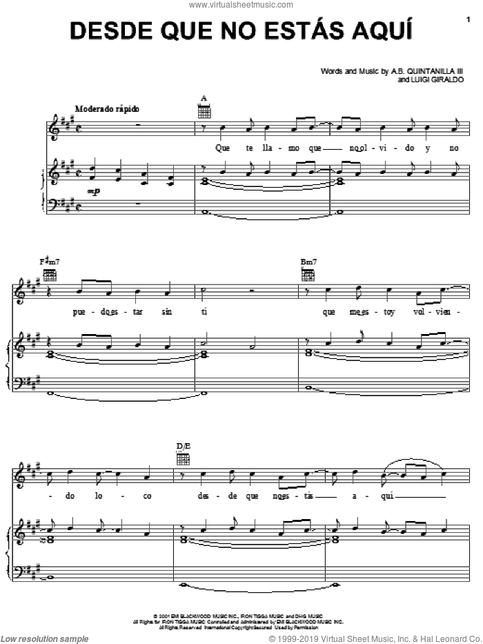 Desde Que No Estas Aqui sheet music for voice, piano or guitar by Abe Quintanilla III and Luigi Giraldo, intermediate skill level