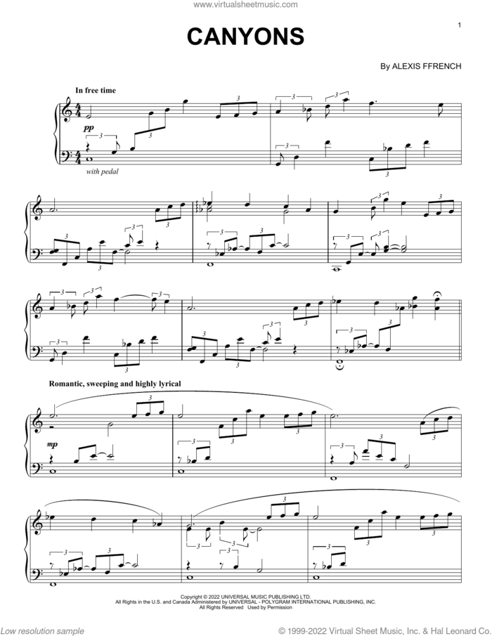 Canyons sheet music for piano solo by Alexis Ffrench, intermediate skill level