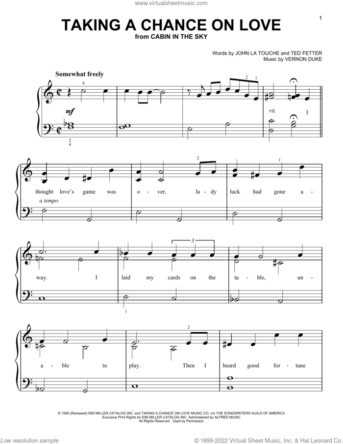 Taking A Chance On Love sheet music for piano solo by Vernon Duke, John Latouche and Ted Fetter, beginner skill level