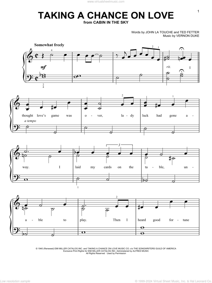 Taking A Chance On Love sheet music for piano solo by Vernon Duke, John Latouche and Ted Fetter, beginner skill level